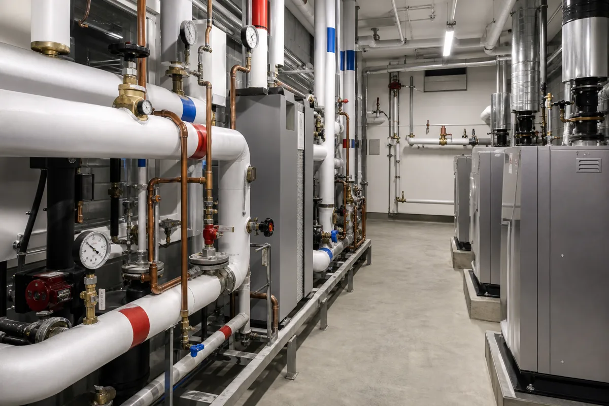 Clean commercial mechanical room with piping and gauges