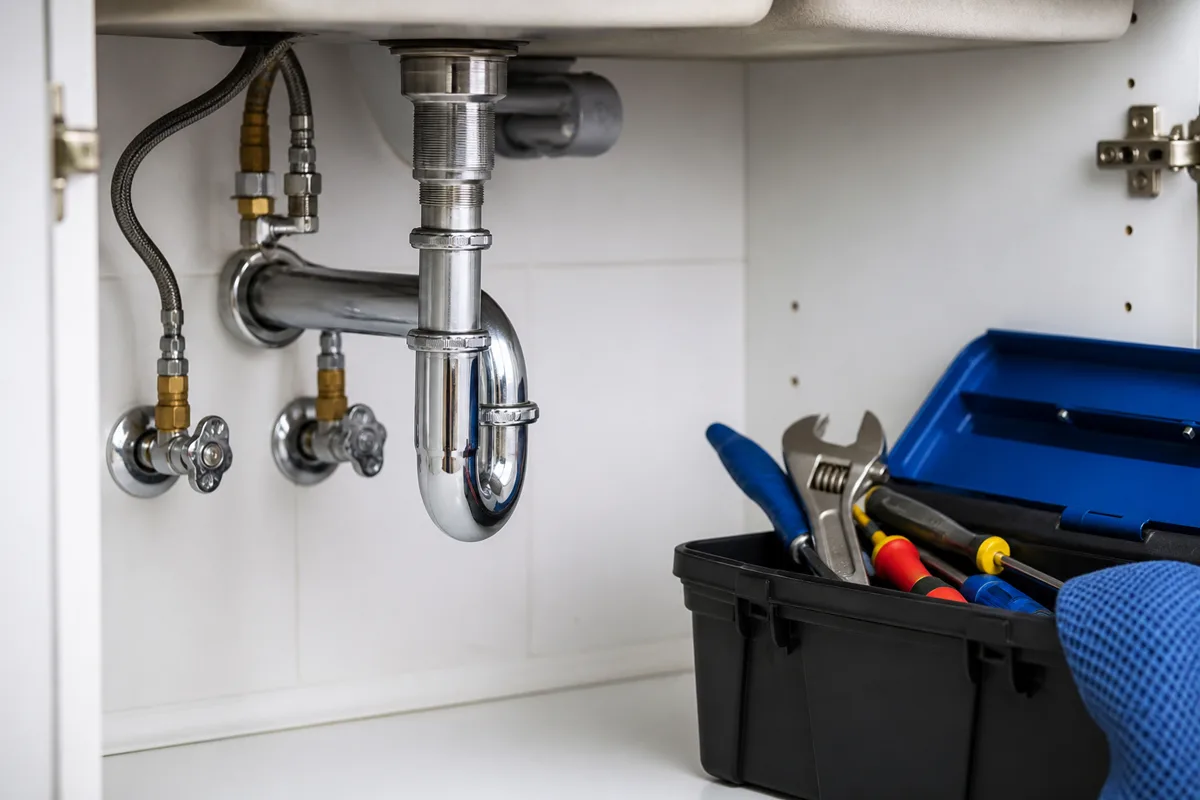 Clean under-sink plumbing and service tools